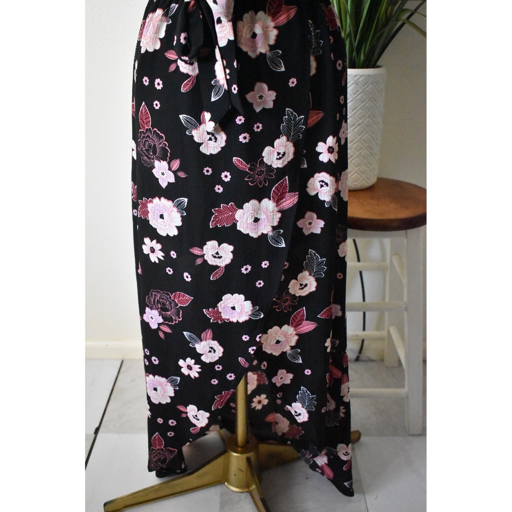 Candie's Floral Maxi Romper Women Size M Black Pink Modern Split Overlay Tie - Picture 3 of 10